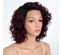 Curly Human Hair Wigs for Black Women C Parted HD Lace Front Short Water Wave Wig Curly Bob Wig Side Part 150% Density (TT1B/99J, 12 INCH)