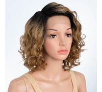 Curly Human Hair Wigs for Black Women C Parted HD Lace Front Short Water Wave Wig Curly Bob Wig Side Part 150% Density (TT1B/27, 12 INCH)
