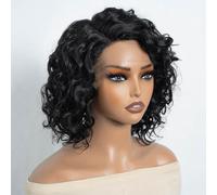 Curly Human Hair Wigs for Black Women C Parted HD Lace Front Short Water Wave Wig Curly Bob Wig Side Part 150% Density (1B, 12 INCH)