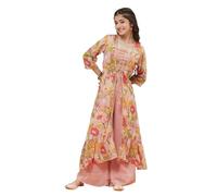 Curly Tales Georgette Floral Pattern Blouse, Plazzo and kaftan or Shrug Set for Girls |3 Piece Ethnic Wedding Or Party Set for Girls, Pink, 15-16 Years