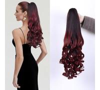 Curly Wavy 20" Claw Clip in Ponytail Extensions Synthetic Fake Ponytail Hair Piece Invisible Clip on High Pony Tails Hairpiece for Women (Black Ombre Red)