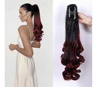 Curly Wavy 20" Claw Clip in Ponytail Extensions Synthetic Fake Ponytail Hair Piece Invisible Clip on High Pony Tails Hairpiece for Women (Black Ombre Wine Red)