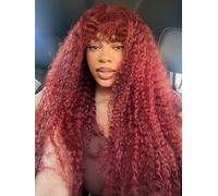 Curly Wig Burgundy with Bangs Human Hair 4x4 Lace Glueless Wavy Human Hair Wigs with Bangs for Black Women (Burgundy, 24