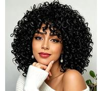 Curly Wigs for Black Women Short Curly with Bangs Soft Large Elastic Wig with Small Fluffy Curls Heat Resistant Synthetic Hair Wig for Daily Use