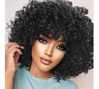 Curly Wigs for Black Women Short Curly with Bangs Soft Large Elastic Wig with Small Fluffy Curls Heat Resistant Synthetic Hair Wig for Daily Use