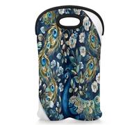 CURLYOOT Animal Peacock Wine Carrier Tote Bag 2 Bottle, Insulated Neoprene Wine Cooler Bag, Peacock Feather Portable Wine Bottle Carrying Case for Women Men Picnic Party Gift