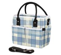 CURLYOOT Check Insulated Lunch Bag for Women Men Adults, Retro Blue White Plaid Lunch Box with Adjustable Shoulder Strap Large Lunchs Tote Bag for Work Picnic Camping