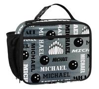 CURLYOOT Custom Bowling Lunch Box, Personalized Name Insulated Lunch Bag for Women Men, Waterproof Cooler Bag Reusable Meals Tote Containers, Gray