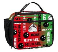CURLYOOT Custom Bowling Lunch Box, Personalized Name Insulated Lunch Bag for Women Men, Waterproof Cooler Bag Reusable Meals Tote Containers, Dark Red Green