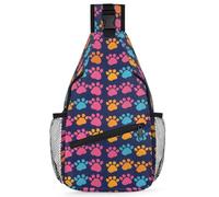 CURLYOOT Dog Animal Paws Sling Bag for Women Men Fanny Pack Small Sling Backpack Colorful Cat Paw Print Crossbody Bag Chest Bag Casual Daypack for Work Travel Hiking