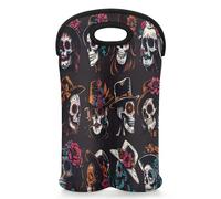 CURLYOOT Mexican Day Of The Dead Wine Carrier Tote Bag 2 Bottle, Insulated Neoprene Wine Cooler Bag, Funny Sugar Skull Portable Wine Bottle Carrying Case for Women Men Picnic Party Gift
