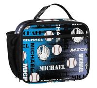 CURLYOOT Personalized Name Baseball Lunch Box, Custom Name Insulated Lunch Bag for Women Men, Waterproof Cooler Bag Reusable Meals Tote Containers, Light Blue Purple