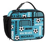 CURLYOOT Personalized Name Soccer Lunch Bag, Insulated Lunch Box for Women Men, Custom Waterproof Cooler Bag Reusable Meals Tote Containers, Light Blue