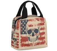 CURLYOOT Skeleton Skull American Flag Lunch Bag for Women and Men Lunch Tote Bag Reusable Lunch Box Insulated Cooler Bag for Work Picnic Travel Beach