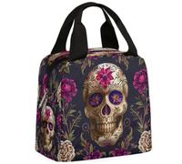 CURLYOOT Skull Floral Lunch Bag for Women and Men Flowers Skull Skeleton Lunch Tote Bag Reusable Lunch Box Insulated Cooler Bag for Work Picnic Travel Beach