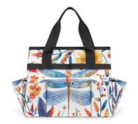 CURLYOOT Spring Floral Dragonfly Garden Tool Bag, Garden Tote Storage Bag with 10 Pockets, Indoor and Outdoor Gardening Tool Organizer for Women Men