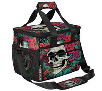 CURLYOOT Sugar Skull Floral Rose Large Reusable Lunch Bag for Women and Men, Insulated Leakproof Lunch Box for Picnic Hiking Beach, Freezable Cooler Tote Bag Organizer