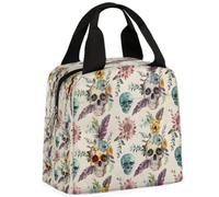 CURLYOOT Sugar Skull Lunch Bag for Women and Men Skeleton Tropics Flower Feather Lunch Tote Bag Reusable Lunch Box Insulated Cooler Bag for Work Picnic Travel Beach