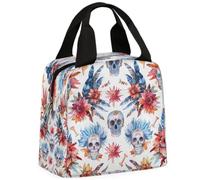 CURLYOOT Sugar Skull Lunch Bag for Women and Men Tropics Flower Feather Lunch Tote Bag Reusable Lunch Box Insulated Cooler Bag for Work Picnic Travel Beach