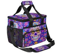 CURLYOOT Sugar Skull Mexican Large Reusable Lunch Bag for Women and Men, Colorful Flowers Skeleton Insulated Leakproof Lunch Box for Picnic Hiking Beach, Freezable Cooler Tote Bag Organizer
