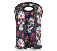 CURLYOOT Sugar Skull Wine Carrier Tote Bag 2 Bottle, Insulated Neoprene Wine Cooler Bag, Portable Wine Bottle Carrying Case for Women Men Picnic Party Gift