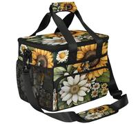 CURLYOOT Sunflower Large Reusable Lunch Bag for Women and Men, Yellow Sunflower Floral Bee Insulated Leakproof Lunch Box for Picnic Hiking Beach, Freezable Cooler Tote Bag Organizer