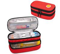 CURMIO Double Layer Insulated EpiPen Carrying Case, Portable Medicine Supplies Bag for 2 EpiPens, Auvi-Q, Syringes, Spacer, Nasal Spray, Home and Travel,Bag Only, Red (Patented Design)