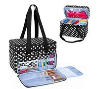 CURMIO Double-Layer Knitting Tote Bag, Yarn Storage Bag with Compartments for Crochet Hooks, Knitting Needles(Up to 14”/35.5cm), Knitting WIP or Accessories, Round Dots(Bag Only)