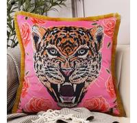 CURRAMET Tiger Floral Velvet Decorative Throw Pillow Covers with Tassels, Modern Decorative Square Cushion Covers for Couch Sofa Bedroom Living Room 20x20 Inch Pink