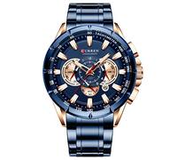CURREN 8363 Men's Quartz Watch with Stainless Steel Strap Three Subdials Seconds Microseconds Chronograph Date Calendar Display Waterproof Luminous Hands Portable Accessories, Blue, Bracelet