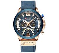 CURREN Blue Military Chronograph Fashion Trend Multi-Function Waterproof Quartz Watch Leather Strap (Rose Gold Blue)