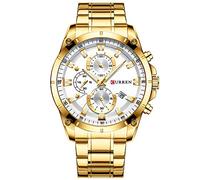 Curren Fashion Man Wristwatch Waterproof Chronograph Men Watch Military Stainless Steel Sport Male Clock (Gold White)