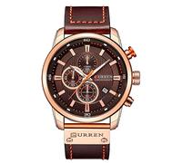 Curren Men's Analogue Elegant Fashion Casual Sports Multifunctional Wristwatch with Calendar, Chronograph, Stopwatch, Second, Leather Strap, Leather Strap, Adjustable, Clasp, Brown, M, Sports