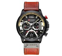 Curren Mens Quartz Analog Calendar Fashion Waterproof Leather Band Wrist Watch, red, Chronograph Quartz Movement