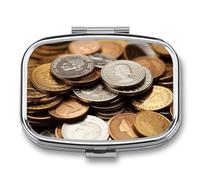 Currency Coin Pill Box 2 Compartment Pill Organizer Travel Pillcase with Mirror Square Metal Pill Container Weekly Medicine Planner Vitamin Organizer for Pocket