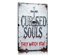 Cursed Souls Halloween Decor Metal Sign - 3D Illusion Tin with Eyeball & Blood Text for Graveyard Party Haunted House 6x8 Scary Decorations