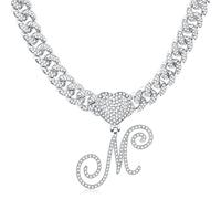 Cursive Initial Cuban Necklace for Women Miami Iced Out Cuban Chain Choker Necklace Diamond Initial Heart Pendant Letter Necklace Alphabet A-Z Hip Hop Jewelry