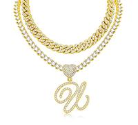 Cursive Initial Pendant Necklace for Women Miami Cuban Link Chain Layered Heart Shape Diamond Iced Out Chain Pendant Necklace Hip Hop Jewelry Gift 2PCS Chains