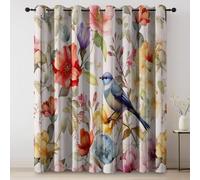 Curtain Flowers And Birds Watercolor Pastoral Printed Blackout Curtains for Living Room Eyelet Thermal Color Blue Noise Reduction Soundsproof Window Drapes for Kids W 52" x L 84" (2 Panels)