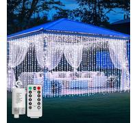 Curtain Lights Battery Powered 10*10Ft 300LED Waterproof Waterfall Light with 8 Modes Remote Dimmable Timer Memory Twinkle Fairy String Lights for Indoor Outdoor Gazebo Wedding Party Pergola Christmas