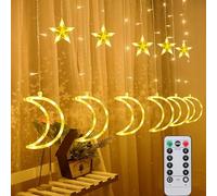 Curtain Lights Ramadan Decoration Battery Operated, 11.48 FT 126 LED Moon Lights with Star String Light, 8 Modes Waterproof Ramadan String Lights for Outdoor Window Bedroom Wedding Ramadan Decoration
