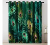 Curtain Peacock Feathers Gorgeous Printed Blackout Curtains for Living Room Eyelet Thermal Green Colorful Noise Reduction Soundsproof Window Drapes for Kids W 66" x L 90" (2 Panels)