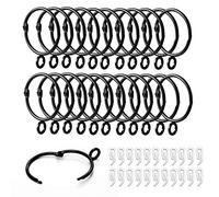 Curtain Rings and Hooks, 22 pcs 38mm Internal Diameter and Plastic Curtain Hooks, The Can Be Opened and Closed,for Hanging Rings Curtains and Rods (Black-22 Pcs)