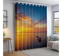 Curtain Sunset At The Seaside Lonely Boat On The Water Printed Blackout Curtains for Living Room Eyelet Thermal Orange Blue Noise Reduction Soundsproof Window Drapes for Kids W 90" x L 90" (2 Panels)