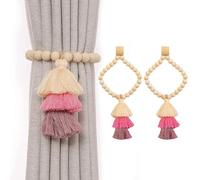 Curtain Tie Backs 2 Pcs Rope Woven Holdbacks Boho Wooden Beaded Curtain Tiebacks Rainbow Curtain Holder Ties for Kids Girls Nursery Curtains Decor
