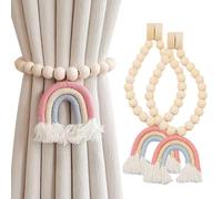 Curtain Tie Backs 2 Pcs Rope Woven Holdbacks Boho Wooden Beaded Curtain Tiebacks Rainbow Curtain Holder Ties for Kids Girls Nursery Curtains Decor