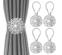 Curtain Tie Backs, Sparkling Floral Decorative Magnetic Curtain TieBacks, No Drilling Curtain Holdbacks, Stainless Spring Wire Drapery Curtain Holder Buckle for Home Office. (Silver 4 Pack)