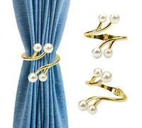 Curtain Tiebacks, 2 Pack High-Elastic Spring Snap Curtain Ties for Drapes No Drilling Drapery Holdbacks, Metal Pearl Feather Curtain Holder for Window Kitchen Treatment (Gold-White Beads)