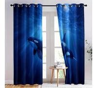 Curtain with Surreal Art Ocean Animals Killer Whales printed pattern for Bedroom, Blue Blackout Curtain with Eyelet Top Thermal-Insulated Noise-Reducing Drapes W 46.1" x L 72.0" 2 Panels