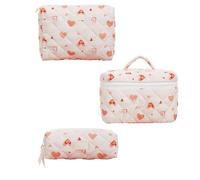 Curtainboro 3pcs Quilted Makeup Bag, Coquette Cosmetics Large Capacity Pouch Travel Cosmetic Bag Set Printed Makeup Pouch Large Capacity Portable Toiletry Bag Organizer for Women Girls, Love (S+M+L
